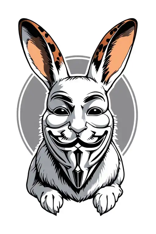 A white rabbit wearing a tortoiseshell and a hacker group "anonymous" mask tattoo design idea