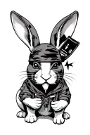 A white rabbit wearing a tortoiseshell and a hacker group "anonymous" mask tattoo design idea