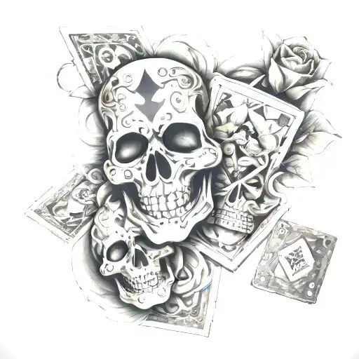 laugh now cry later mask with cards and dice, and heaven gates, and flowers  tattoo design idea