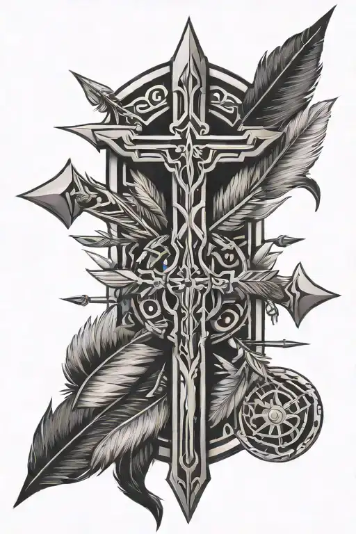 Tribal cross with hunting arrows and feathers tattoo design idea