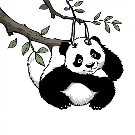a cartoon sketched panda hanging from a branch tattoo design idea