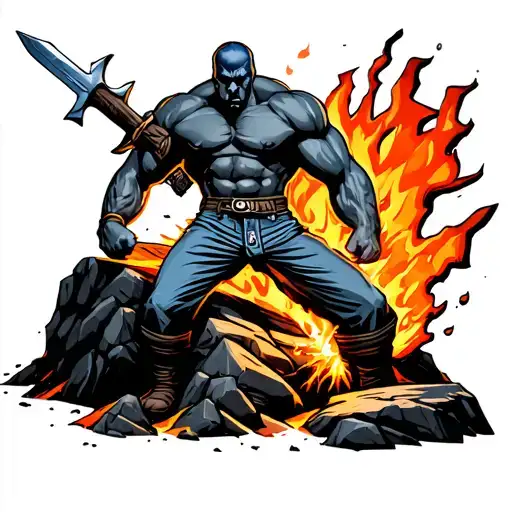 Black Subdued Tennessee Titans Logo breaking out of a rock with lava and a muscular blacksmith forging a sword in a dark tattoo design idea