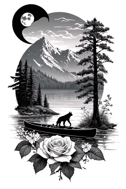 Landscape, lake, mountain, river, honeysuckle, moon, climbing, canoeing, a rose, wolf tattoo design idea