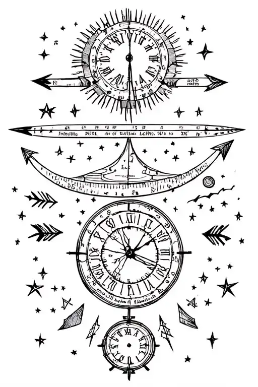 Passage of time with stars and arrows pointing toward different sundials, clocks, and time in an abstract format.  tattoo design idea