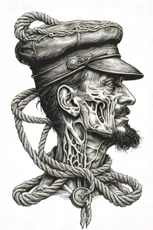 dead man with French flat cap on rope around neck death tattoo design idea