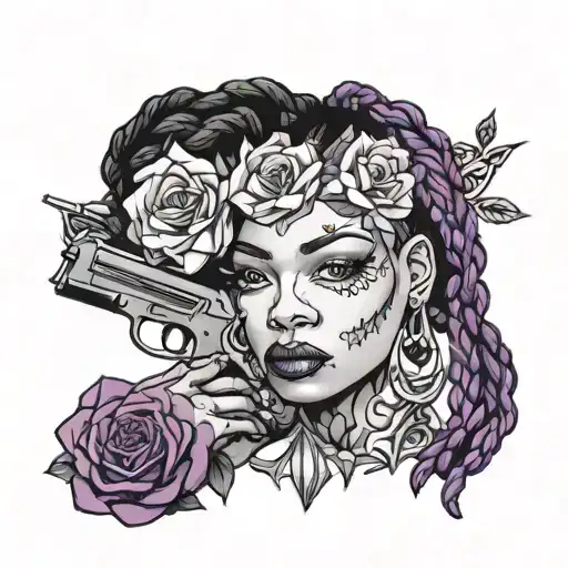 tattoo of black woman with black and purple braids. black and purple. guns and purple roses with thorns. black diamonds. tattoo design idea