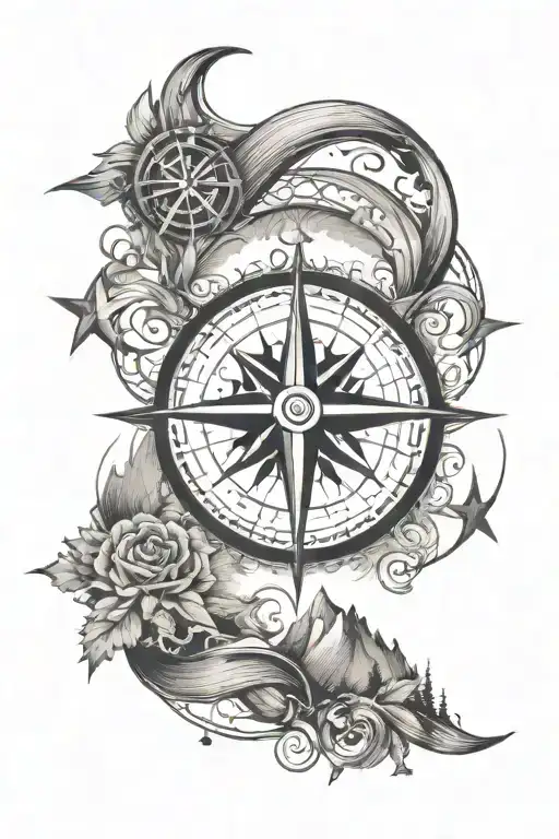 Compass,Infinity symbol,Three stars, "XXI.XII.MCMXCIX", Mountain silhouette tattoo design idea