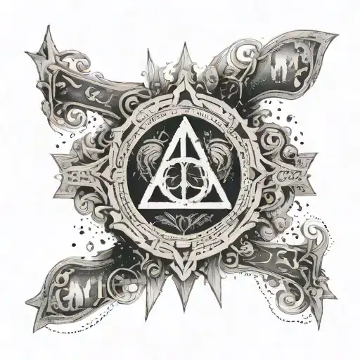 An intricate design featuring a movie ticket intertwined with elements of the Deathly Hallows symbol, creating a fusion of cinema and magic tattoo design idea