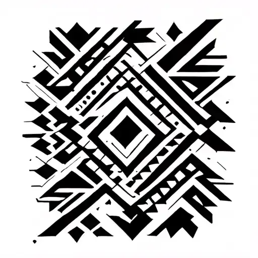 Vertical tribal tattoo with bold geometric patterns: arrows, diamonds, zigzags, squares, and triangles. Clean blackwork  tattoo design idea