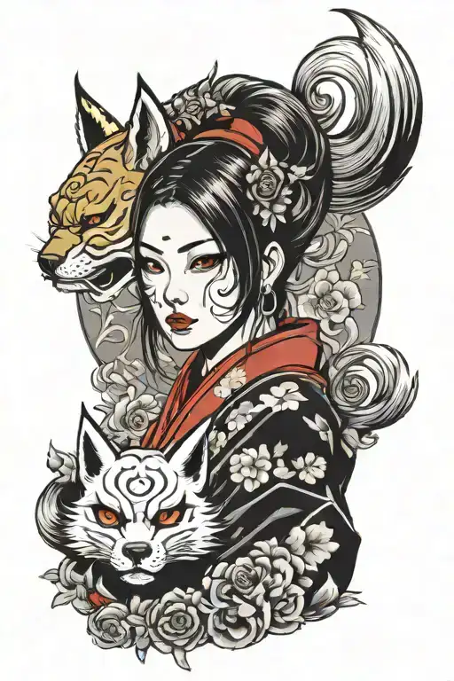 girl with a kitsune and a oni mask tattoo design idea