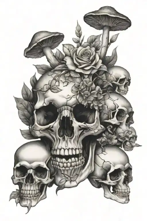 flowers and mushrooms growing out of a human skull tattoo design idea
