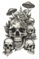 flowers and mushrooms growing out of a human skull tattoo design idea