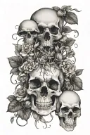 flowers and mushrooms growing out of a human skull tattoo design idea