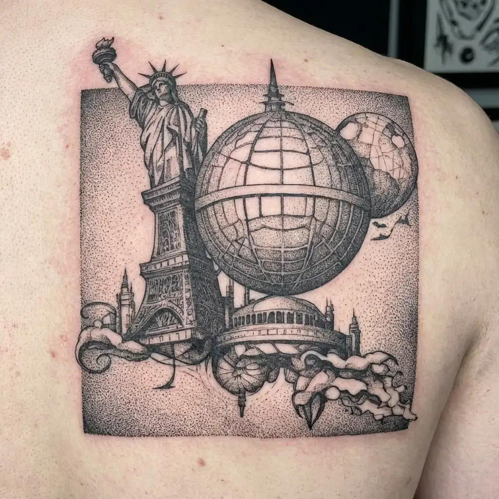 A basketball globe surrounded by architectural landmarks from around the world, representing your passion for travel and civil engineering tattoo design idea