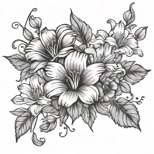 aster flower, morning glory flower, daisy, sweet pea flower, poppies, gladiolus flower tattoo design idea