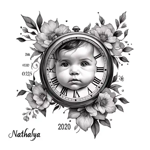name Nathalya, the face of a baby, a clock indicating that it is 11:58 and in Roman numerals 01/25/2020 tattoo design idea