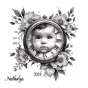 name Nathalya, the face of a baby, a clock indicating that it is 11:58 and in Roman numerals 01/25/2020 tattoo design idea