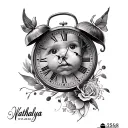 name Nathalya, the face of a baby, a clock indicating that it is 11:58 and in Roman numerals 01/25/2020 tattoo design idea