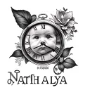 name Nathalya, the face of a baby, a clock indicating that it is 11:58 and in Roman numerals 01/25/2020 tattoo design idea