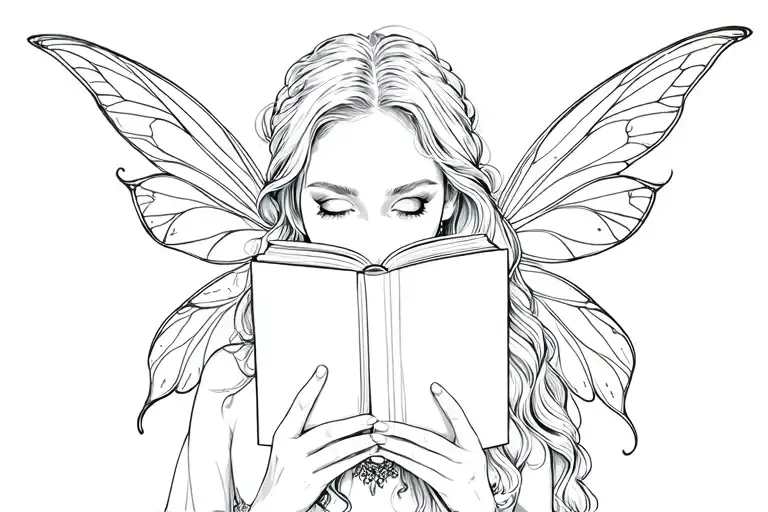 adult fairy reading a book in front of her face with her face covered tattoo design idea