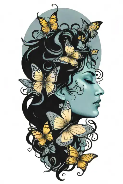 Butterflies forming a crown on Medusa's head tattoo design idea