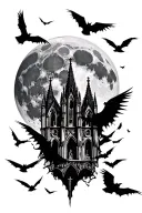 can you create the tattoo stencil  With gothic cathedral , the a full moon, large swarm of bats, a swarm of and crows ,l tattoo design idea