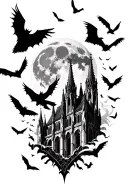 can you create the tattoo stencil  With gothic cathedral , the a full moon, large swarm of bats, a swarm of and crows ,l tattoo design idea