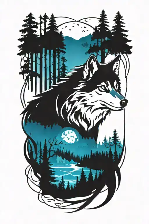 wolf blue eyes forest landscape tattoo design idea