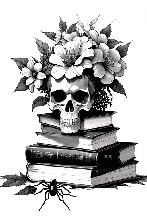 9 stacked books with flowers coming out of top of a skull. add in spider and spiderweb connecting the books and flower tattoo design idea