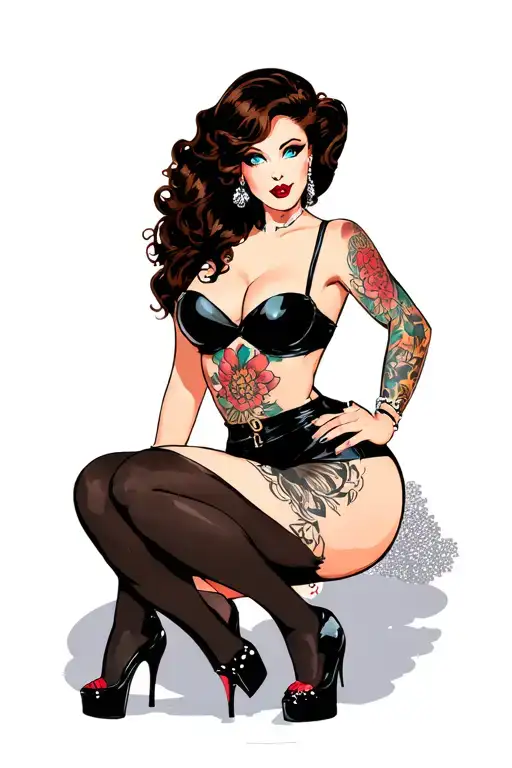 modern pin up girl, black top and black shorts. wearing high heels. dark brown hair and blue eyes tattoo design idea