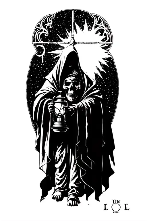 The hermit tarot walking sideways in darkness holding a lantern thats emitting light. Skull face cloaked in hood tattoo design idea