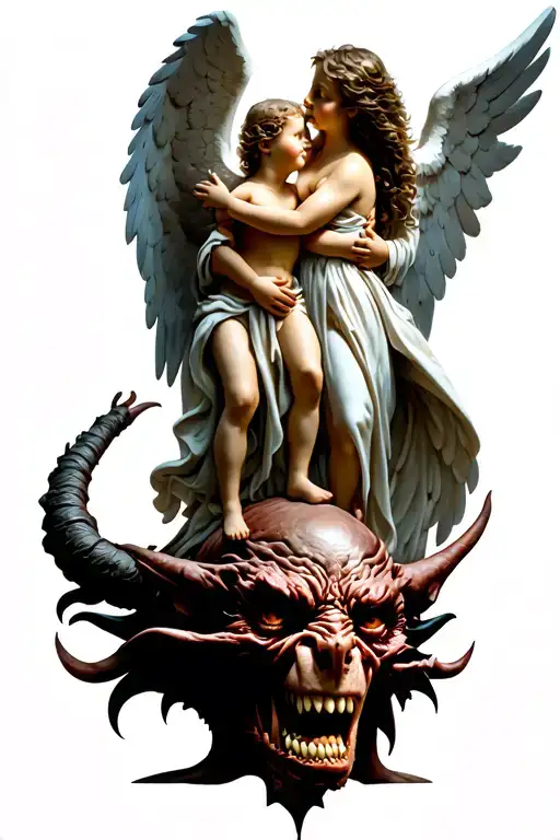 Angel embracing a child and stepping on a demon's head tattoo design idea