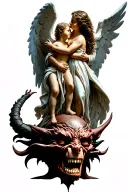 Angel embracing a child and stepping on a demon's head tattoo design idea
