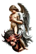 Angel embracing a child and stepping on a demon's head tattoo design idea