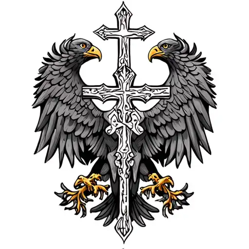 Side stomach tattoo design featuring a detailed double-headed eagle, a Serbian Orthodox cross in the center, and a royal tattoo design idea