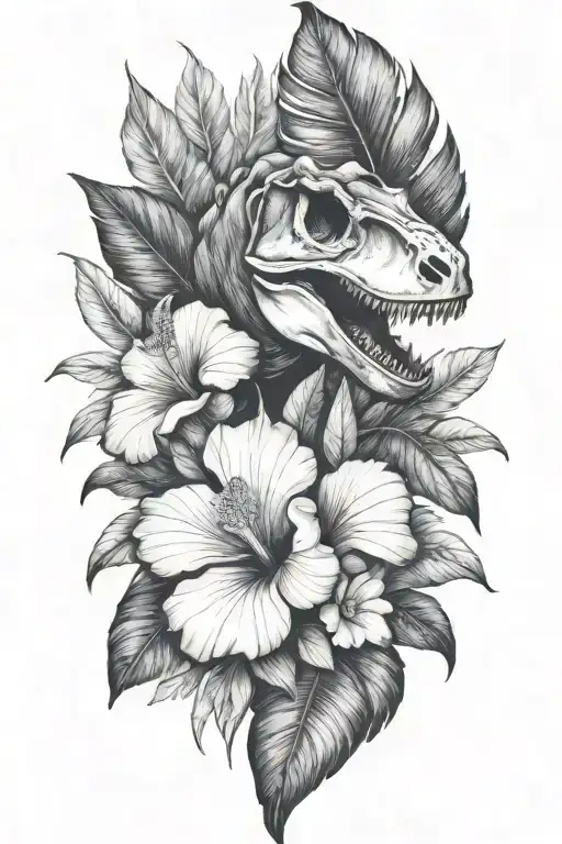 tropical leaves and hibiscus with T Rex skull tattoo design idea