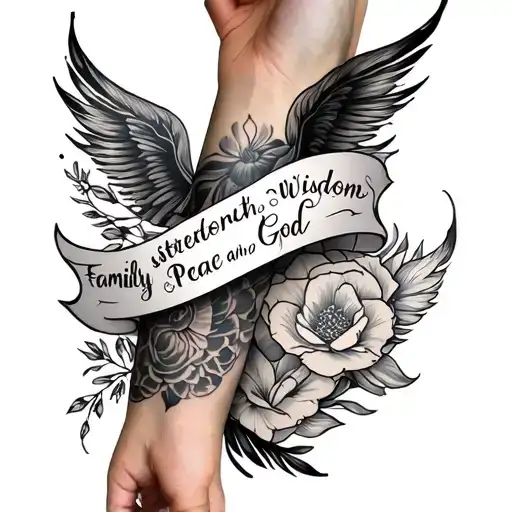 forearm tattoo: family, strength, wisdom, Peace, and God  tattoo design idea
