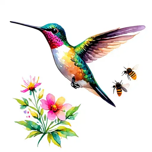 Hummingbird , wild Flowers plants and bees tattoo design idea