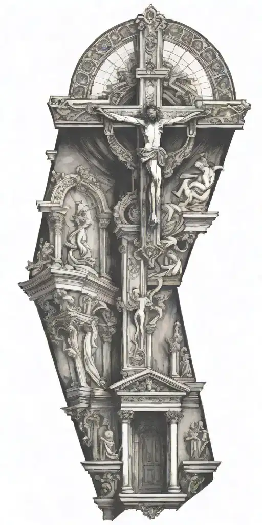 The inside of a catholic church with an upside down cross tattoo design idea