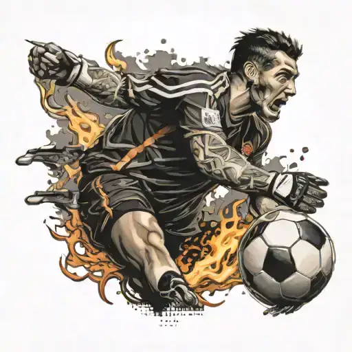 football goalkeeper with burning ship behind him tattoo design idea