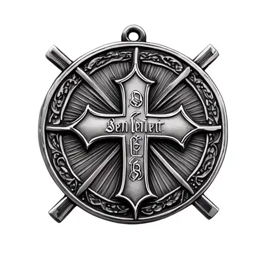 A realistic, high-detail design of the front side of the Saint Benedict medal, featuring a central cross with the letter tattoo design idea