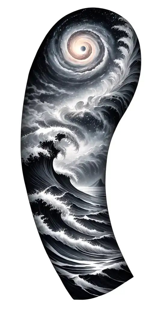 Black and grey sleeve: spiral galaxy above ocean waves, smooth transition, elegant and dark realism. tattoo design idea