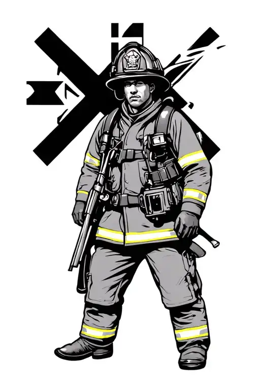 firefighter wearing gear with Maltese cross in background tattoo design idea