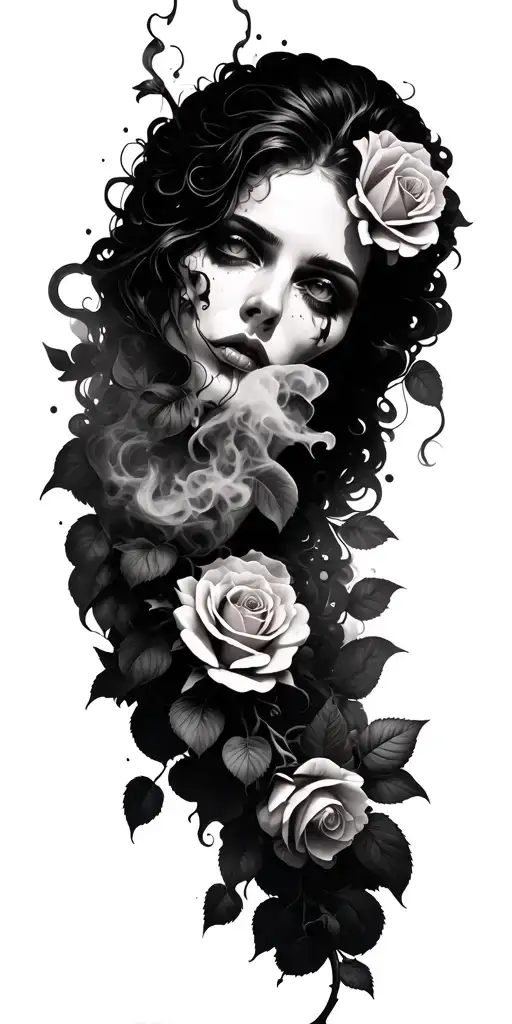 rose vine, supernatural anti possession, smoke rising background, sleeve tattoo design idea