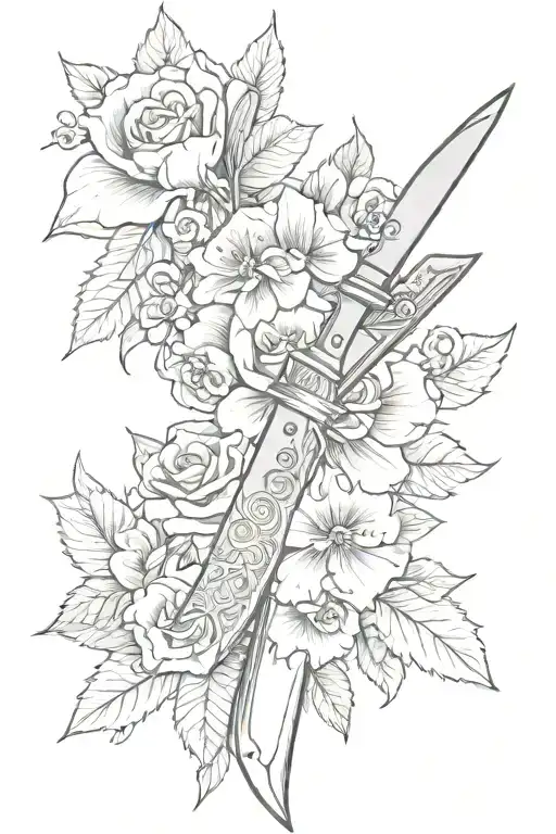 mafia knife with flowe tattoo design idea