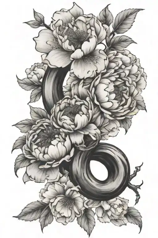 cherry blossom and peony and capricorn sign formed tattoo design idea