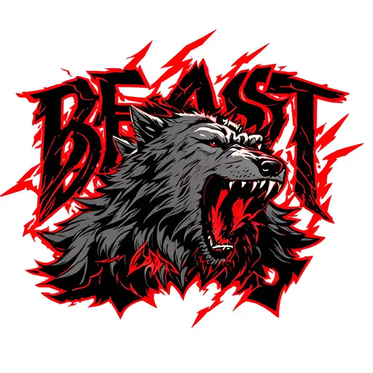 red howling werewolf with the word "BEAST" surrounded by red lightning tattoo design idea