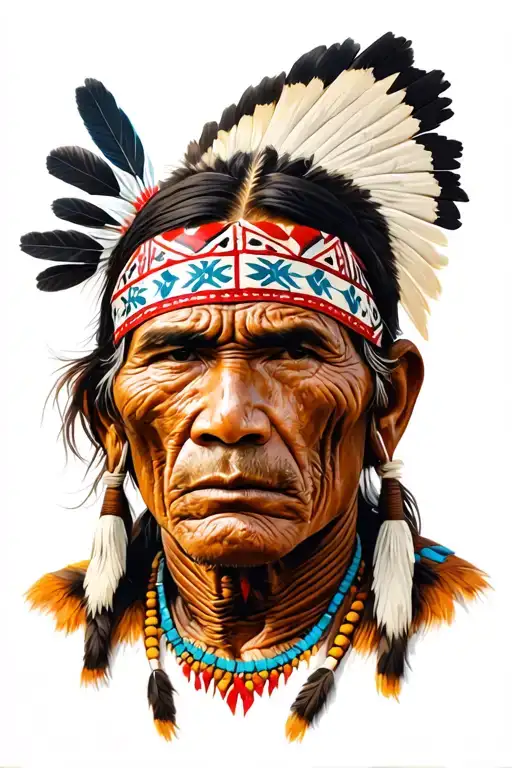 eve American Indian man (Hala y) with wrinkles and on his face symbols of their cultures tattoo design idea