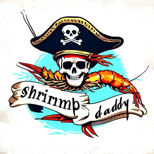 American traditional shrimp in captains hat with pirate script that says "shrimp daddy" tattoo design idea