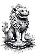 traditional foo dogs standing guard facing each other with a feminine touch and lotus and gems around them.  tattoo design idea